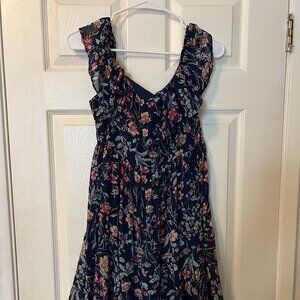 Lulus Chiffon Floral Blue Frilly Ruffle Dress Mini Medium
